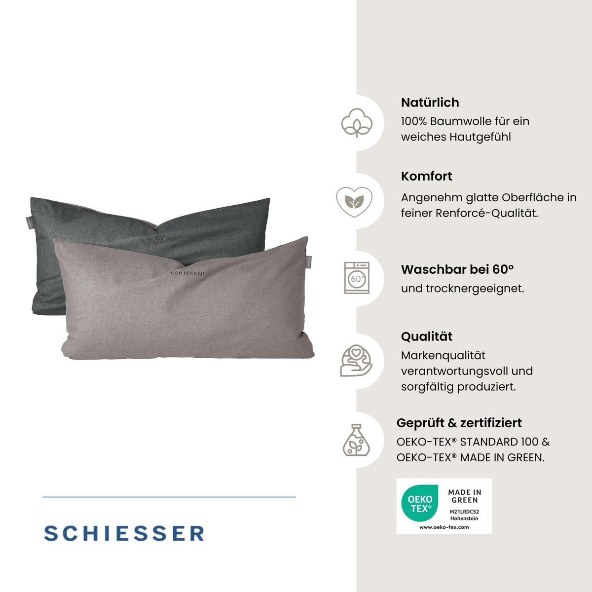 KISSENHÜLLENSET Doubleface Renforcé 2-teilig 40x80 cm Grau-Schwarz - Schwarz, Textil (40/80cm) - SCHIESSER