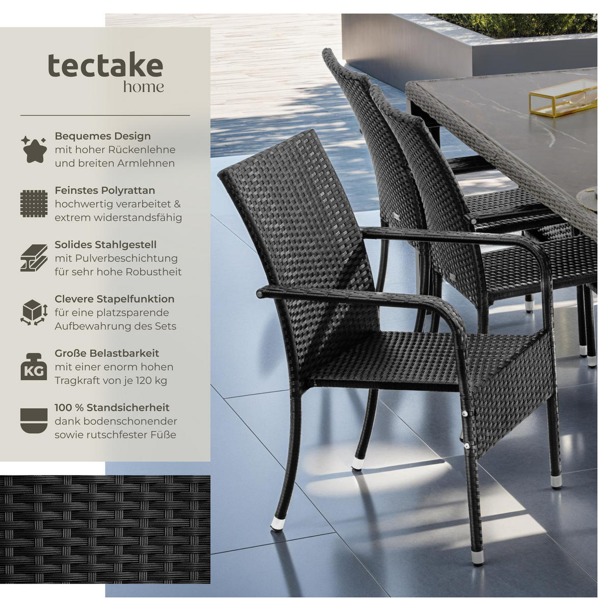RATTANSTUHL 2er Set Girona,58 x 67 x 90 cm, Belastbarkeit 120 kg,schwarz - Schwarz, Kunststoff (58/90/67cm) - tectake