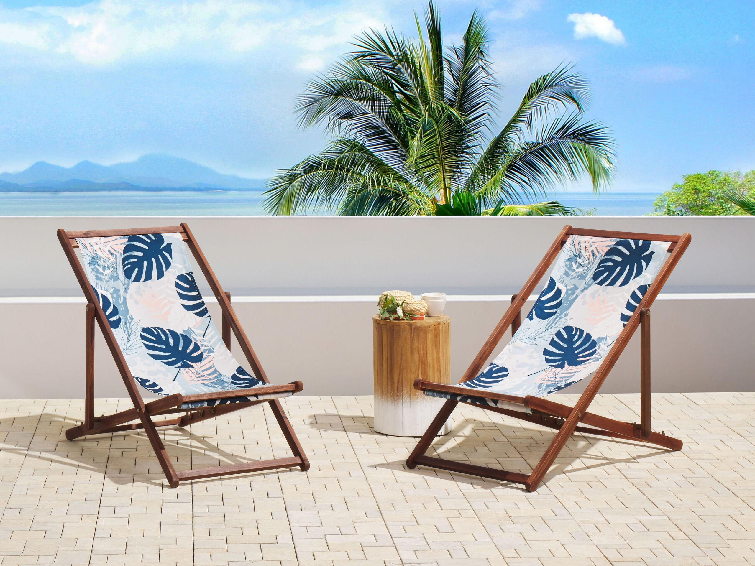 GARTENLIEGE 2er-Set dunkelbraun Textil weiß/mehrfarbig Blättermotiv Anzio - Dunkelbraun/Weiß, Textil (54/70/97cm) - Beliani
