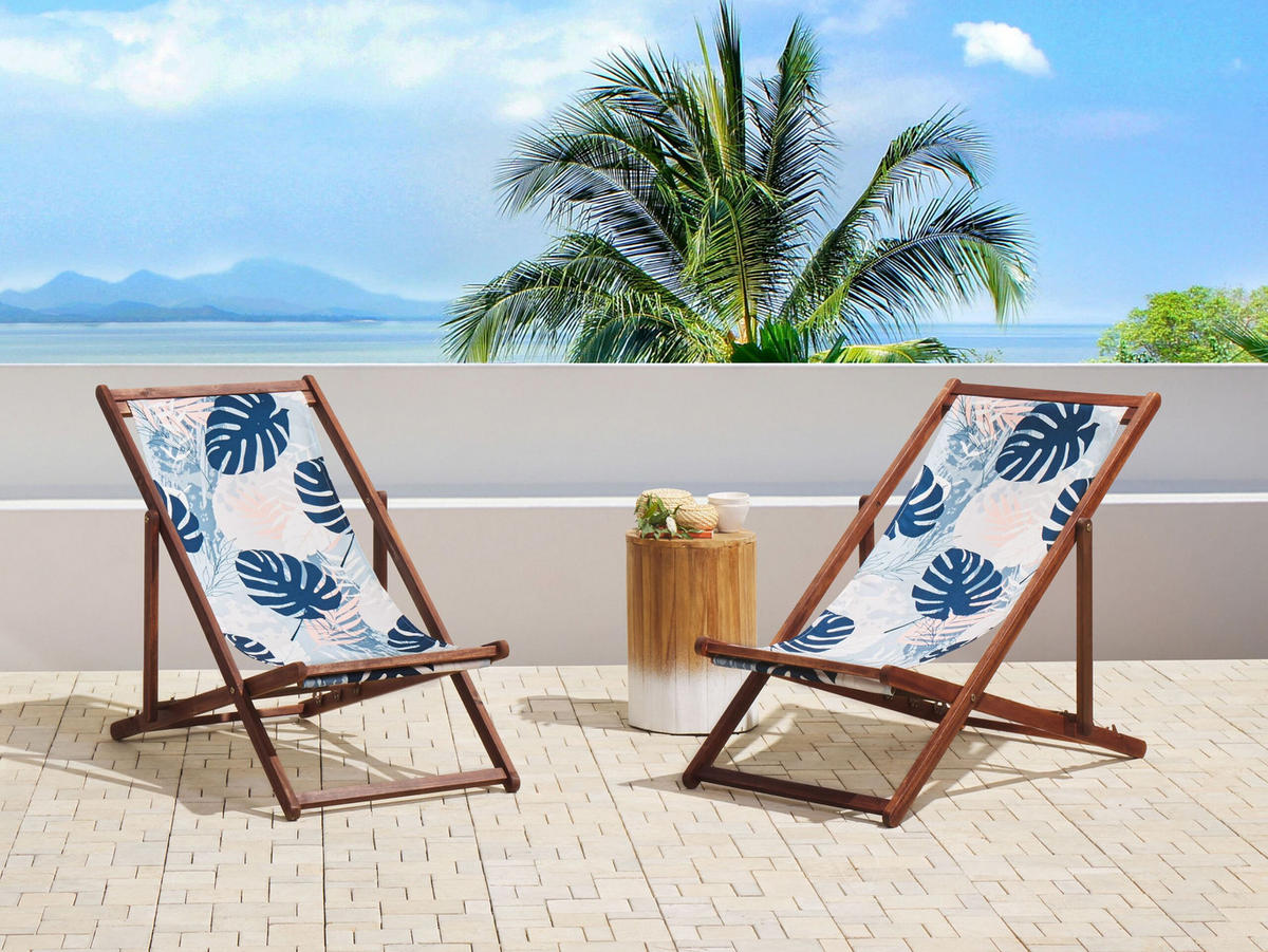 GARTENLIEGE 2er-Set dunkelbraun Textil weiß/mehrfarbig Blättermotiv Anzio - Dunkelbraun/Weiß, Textil (54/70/97cm) - Beliani