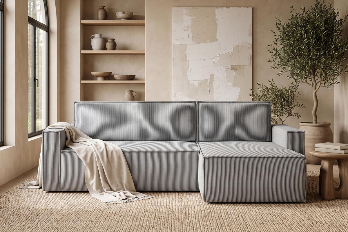 ECKSOFA-LINKS/RECHTS NAPI Schlaffunktion mit Cordbezug, hellgrau - Hellgrau/Schwarz, Textil (246/148cm) - KONSIMO®