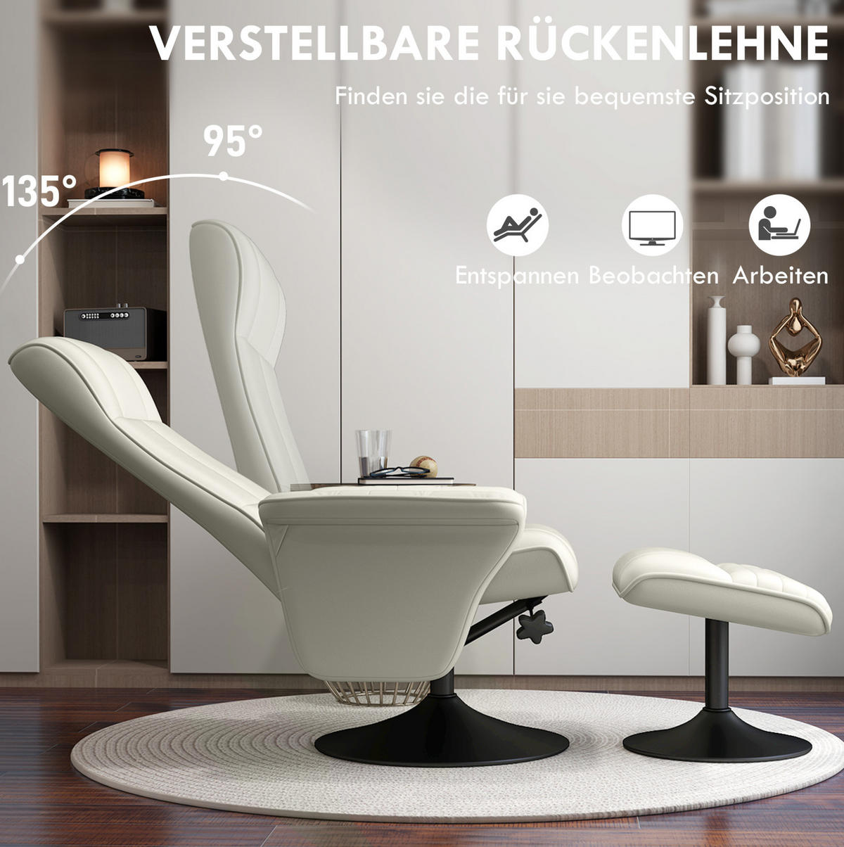 RELAXSESSEL 69/71/104 cm cremeweiß aus Polyester drehbar mit Hocker - Creme, Textil (71/104/69cm) - OKWISH