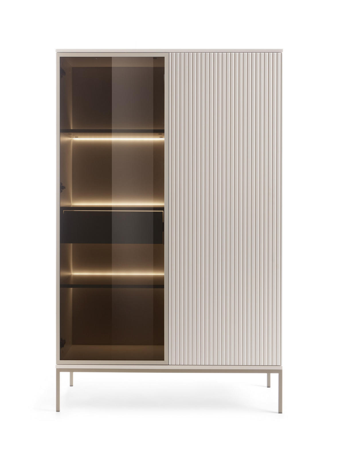 MODERNE Geriffelte Hochvitrine LAGOS W2D1SZ (Kaschmir Matt, LED, Champagner Gestell, Push to Open) - Kaschmir/Champagner, Glas/Holz (104/166/39cm) - Ravio