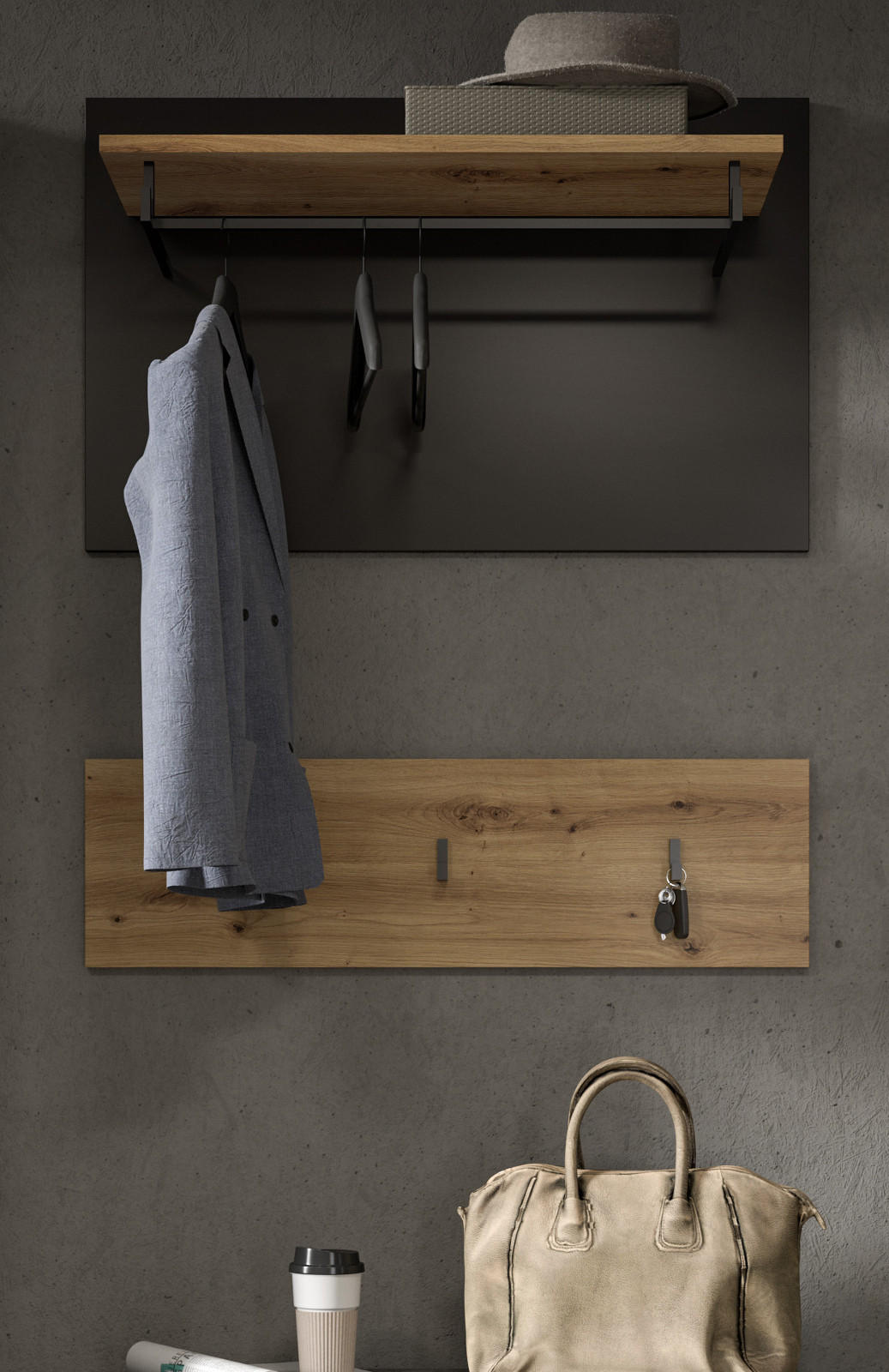 GARDEROBENPANEEL Set mit Garderobenleiste Eiche Artisan, grau 80 cm - Eiche Artisan/Grau, Holzwerkstoff/Metall (80/73/27cm) - Inn.Furn
