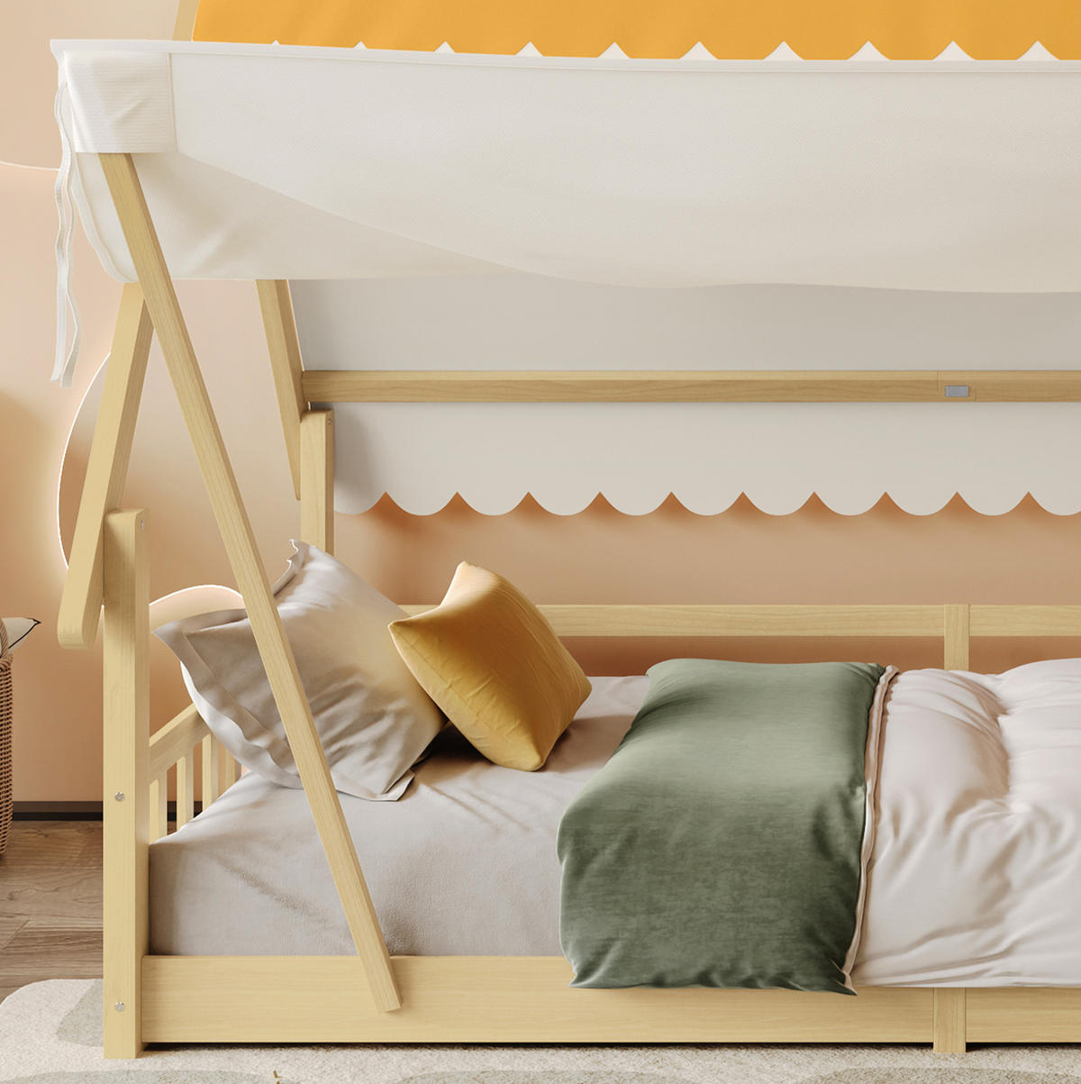 HAUSBETT aus Kiefer und Sperrholz 90x200 cm Weiß/Natur mit abnehmbarem Zelt und Sicherheitsgeländer - Weiß, Holzwerkstoff (90/200cm) - Modfu