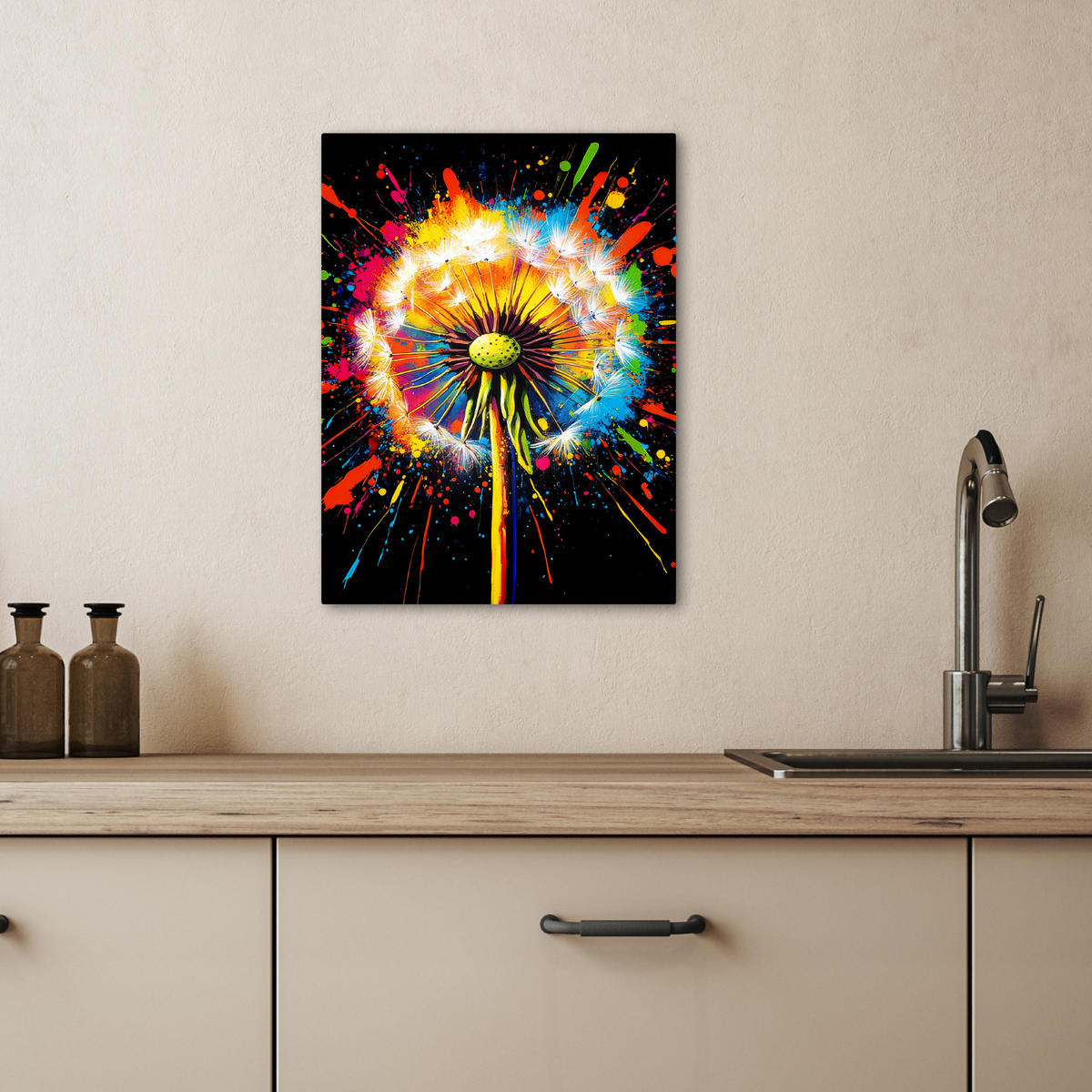 LEINWANDBILD Löwenzahn - Graffiti - Farbenfroh - Blumen - Natur 30x40 cm - Multicolor, Textil (30/40cm) - MuchoWow