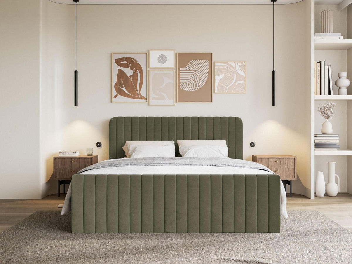 BOXBETT Saliano mit Topper und Samtbezug Olivgrün, 180x200 cm - Olivgrün, Kunststoff/Textil (180/200cm) - Selsey