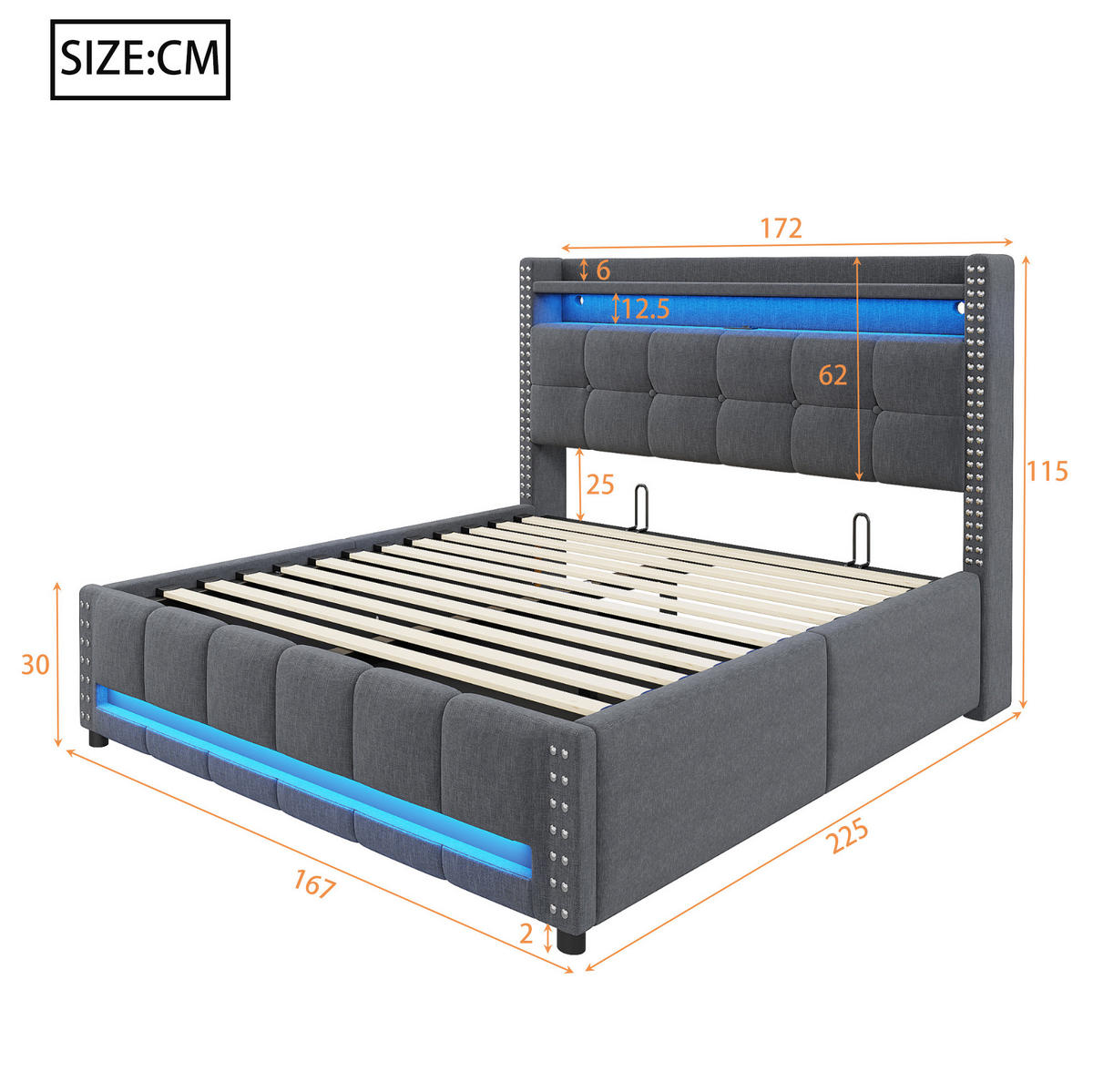 POLSTERBETT 160/200 cm aus Leinenstoff mit LED-Beleuchtung und USB-Steckdose, Grau - Grau, Textil (160/200cm) - OKMYHOME
