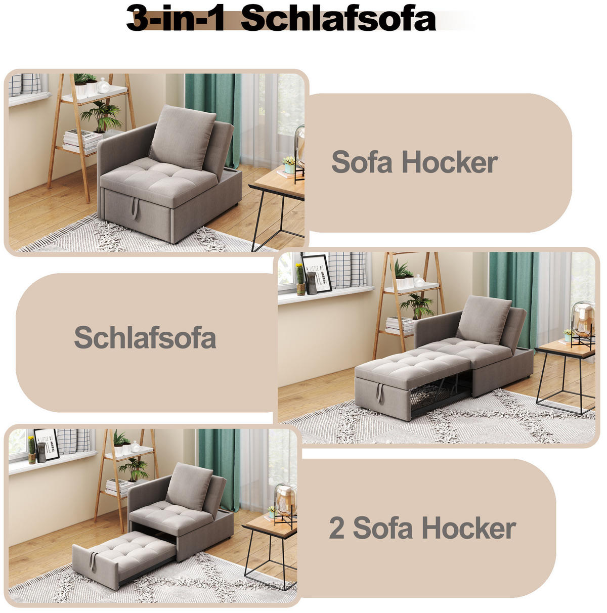 SCHLAFSOFA Leinenstoff mit 5-fach verstellbarer Rückenlehne Grau 177/68/65 cm - Graubraun, Textil (68/65/177cm) - Redom