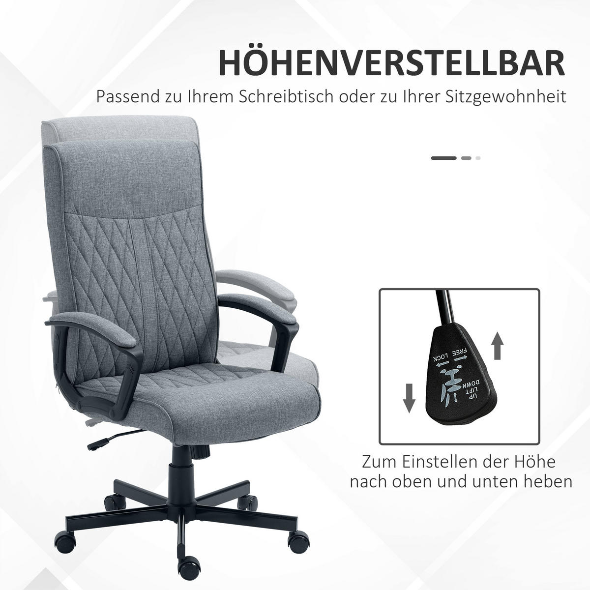 BÜROSTUHL mit Wippfunktion, Höhenverstellbarer Schreibtischstuhl für Büro Grau - Dunkelgrau, Metall (65/112.5/72cm) - Vinsetto