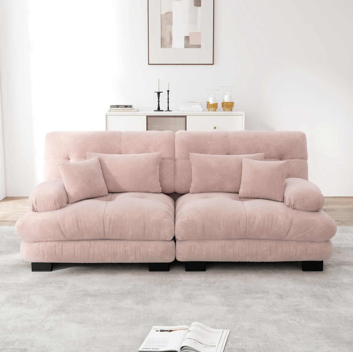 ECKSOFA 220/77/81 cm rosa aus Chenille mit modularem Design und Kissen - Pink, Textil (77/220cm) - OKWISH