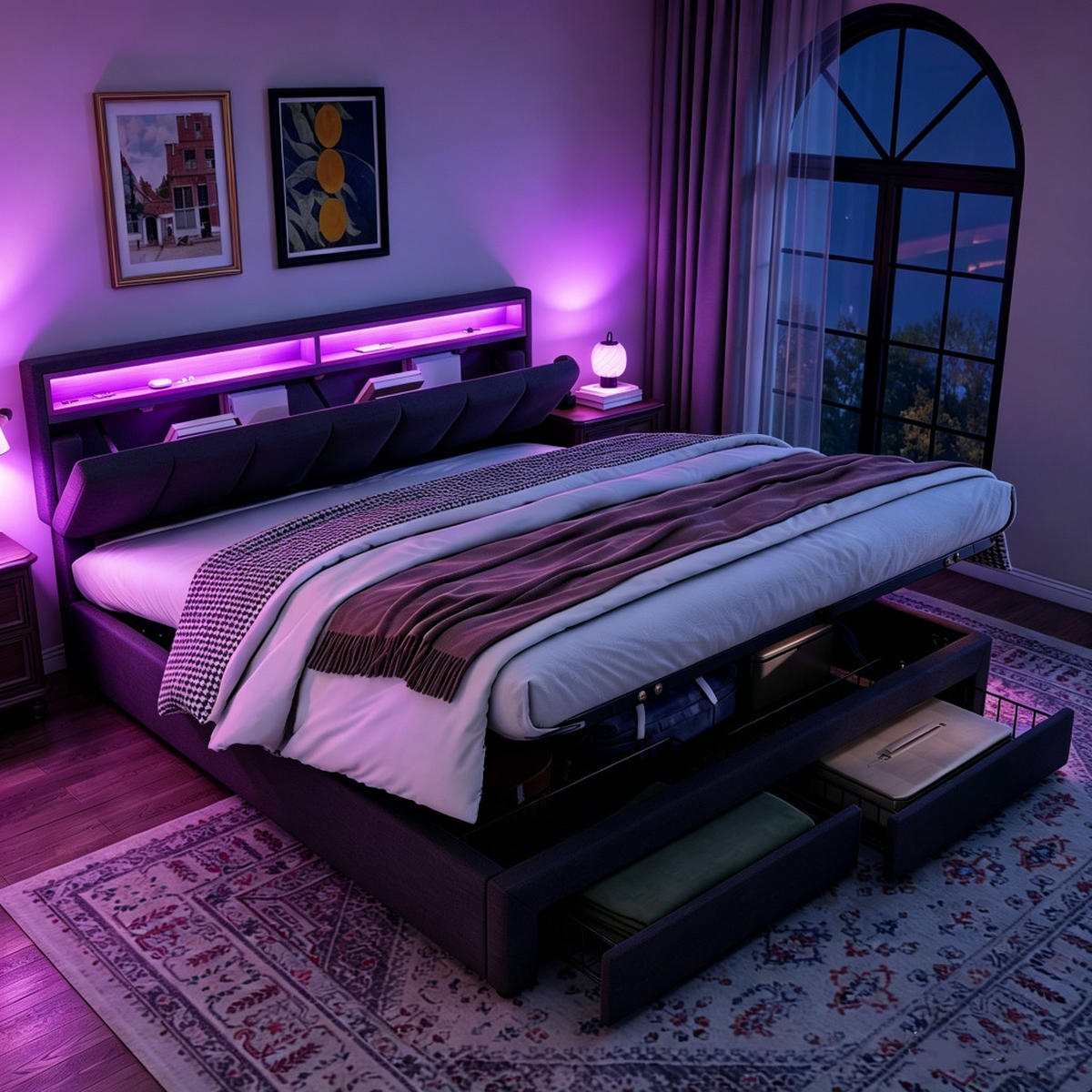 POLSTERBETT 160x200 cm mit LED-Beleuchtung und Schublade,Leinenstoff - Grau, Holz/Textil (160/200cm) - PARAFTA HOME