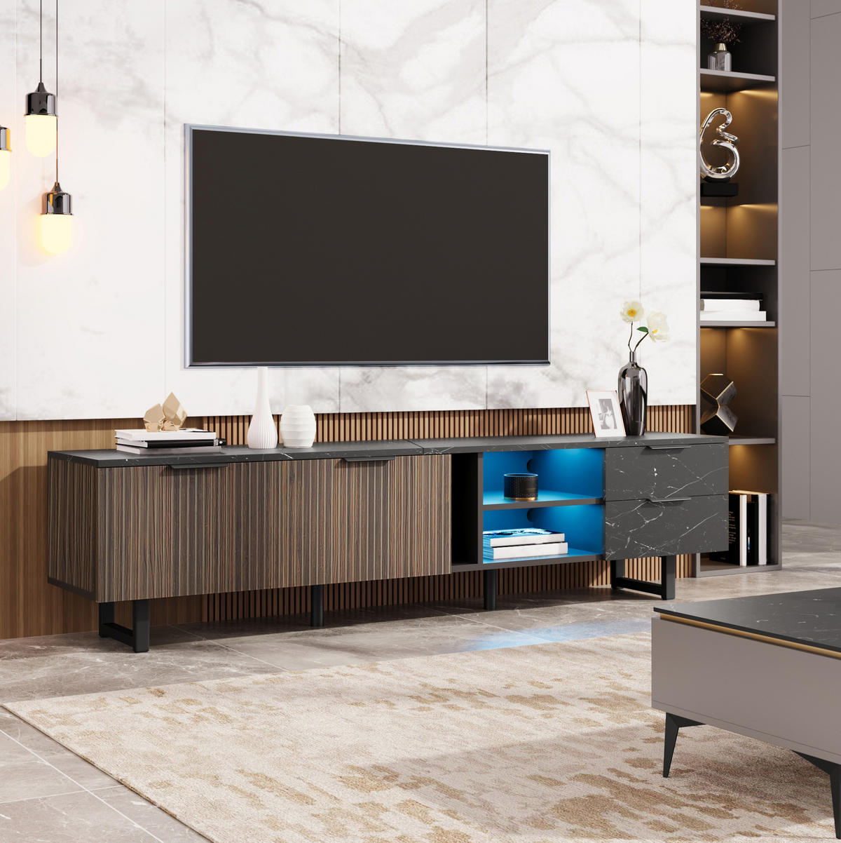 TV-SCHRANK 200/38/50 cm schwarz/holzfarben aus MDF mit LED - Schwarz, Holzwerkstoff (200/50/38cm) - OKWISH