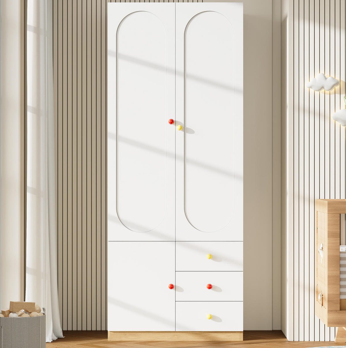 KLEIDERSCHRANK aus MDF 80x45x200 cm Weiß mit 2 Türen, 3 Schubladen, Kleiderstange und Anti-Kipp-Schutz - Weiß, Holzwerkstoff (80/200/45cm) - Modfu