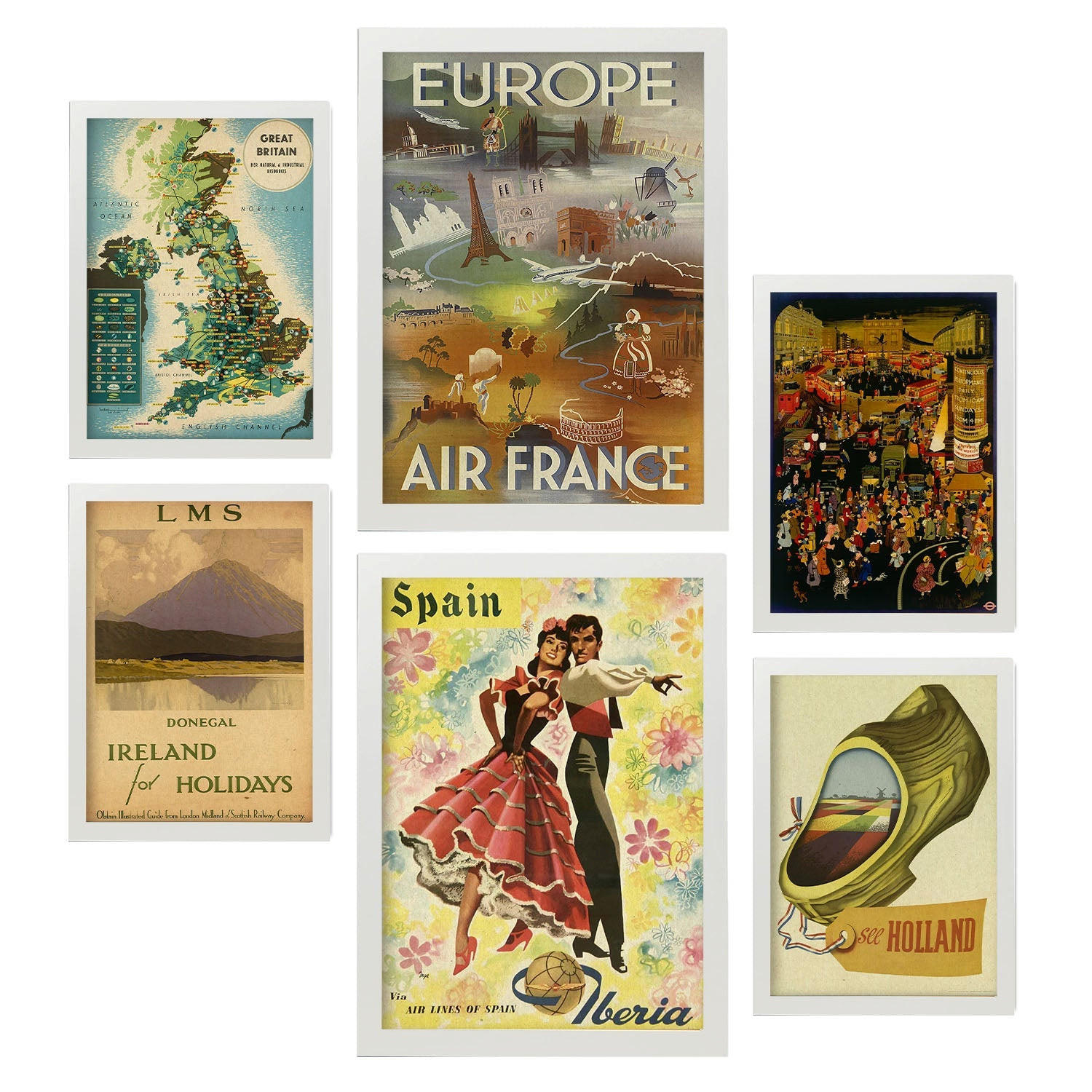 POSTER Set Mit 6 Europäische Länder Vollfarbige Illustrationen Von Vintage Tourismus Werbetafeln Aus Der Ganzen Welt A3 & A4 Weißer Rahmen - Weiß, Papier (29/3cm) - Nacnic