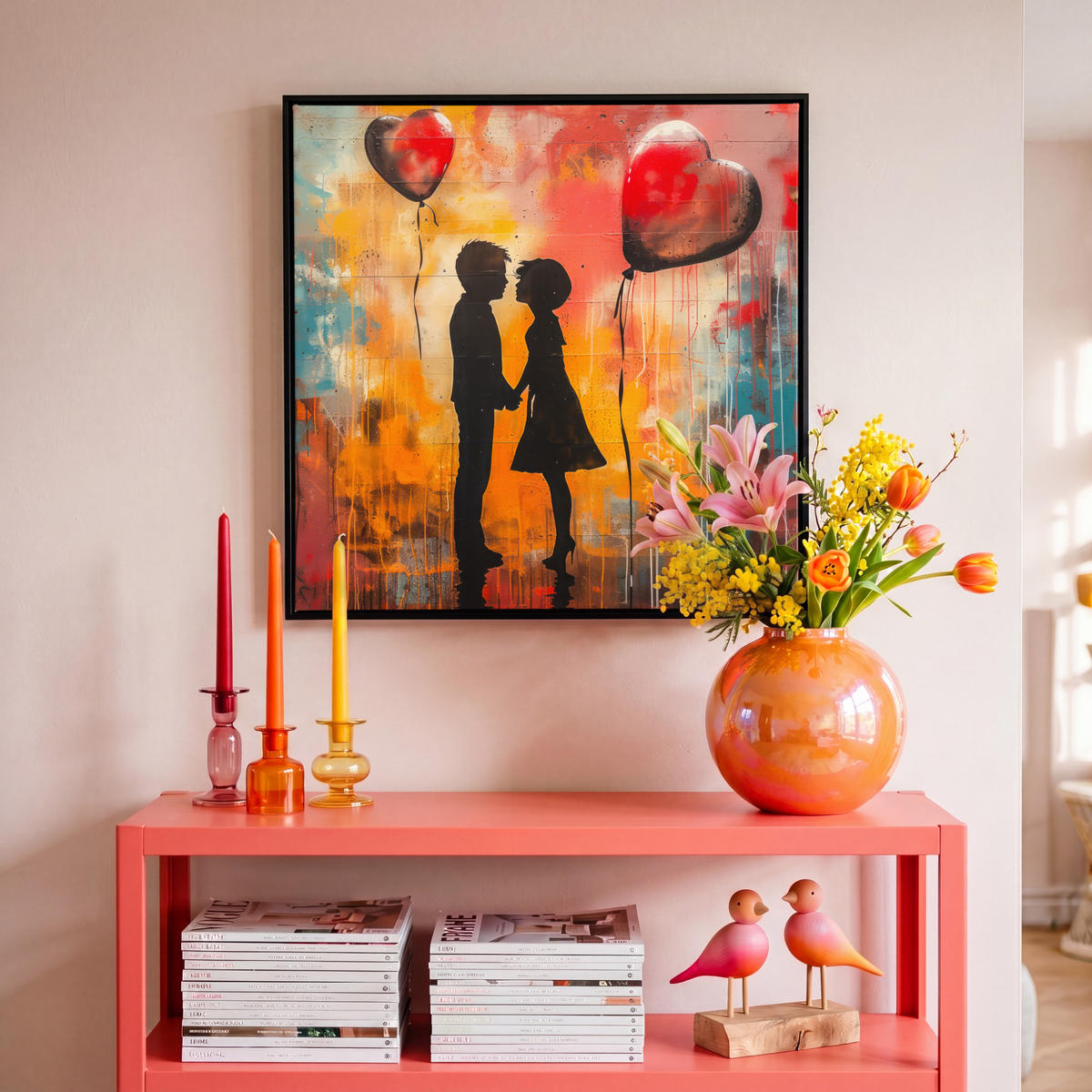 LEINWAND Bilder mit Rahmen - Straßenkunst - Liebe - Graffiti - Kunst - Banksy - 50x50 - Orange, Textil (50/50cm) - MuchoWow