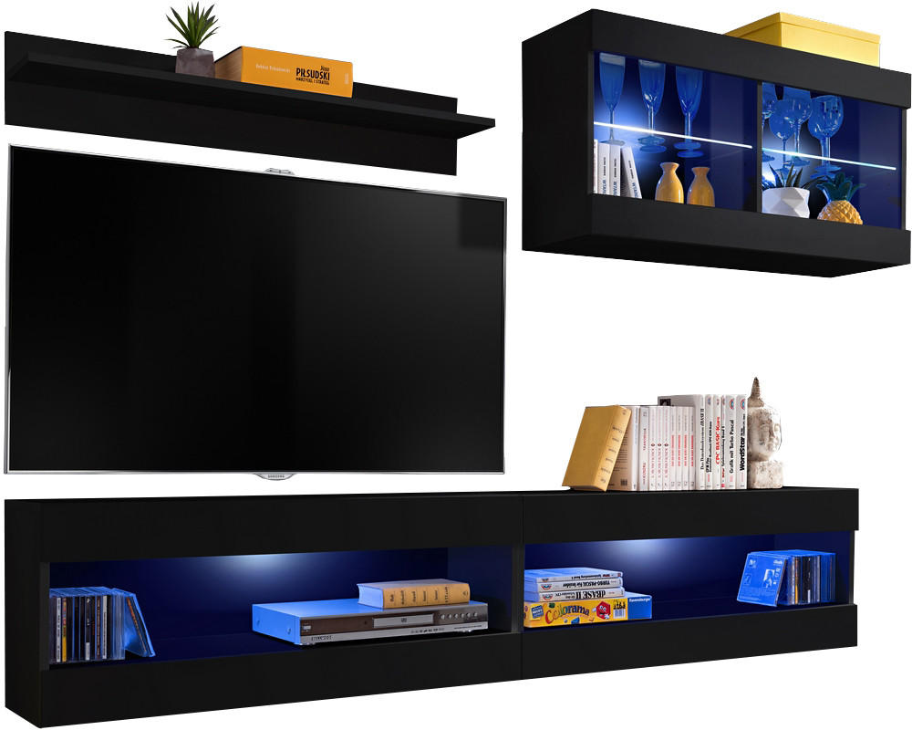 WOHNWAND TIVOLI SET6-BLACK/BLACK+BLU Offener Raum Schwarz Schwarz - Schwarz, Glas/Holzwerkstoff (200/195/35cm) - Komodee