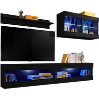 WOHNWAND TIVOLI SET6-BLACK/BLACK+BLU Offener Raum Schwarz Schwarz - Schwarz, Glas/Holzwerkstoff (200/195/35cm) - Komodee