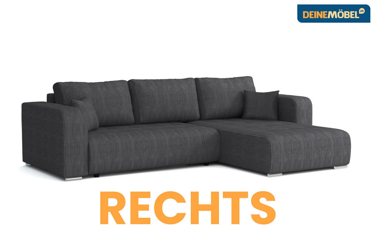 ECKSOFA CARACAS 288/185 in Cord Anthrazit mit Schlaffunktion rechts - Anthrazit, Holz/Holzwerkstoff (288/185cm) - Deine Möbel 24