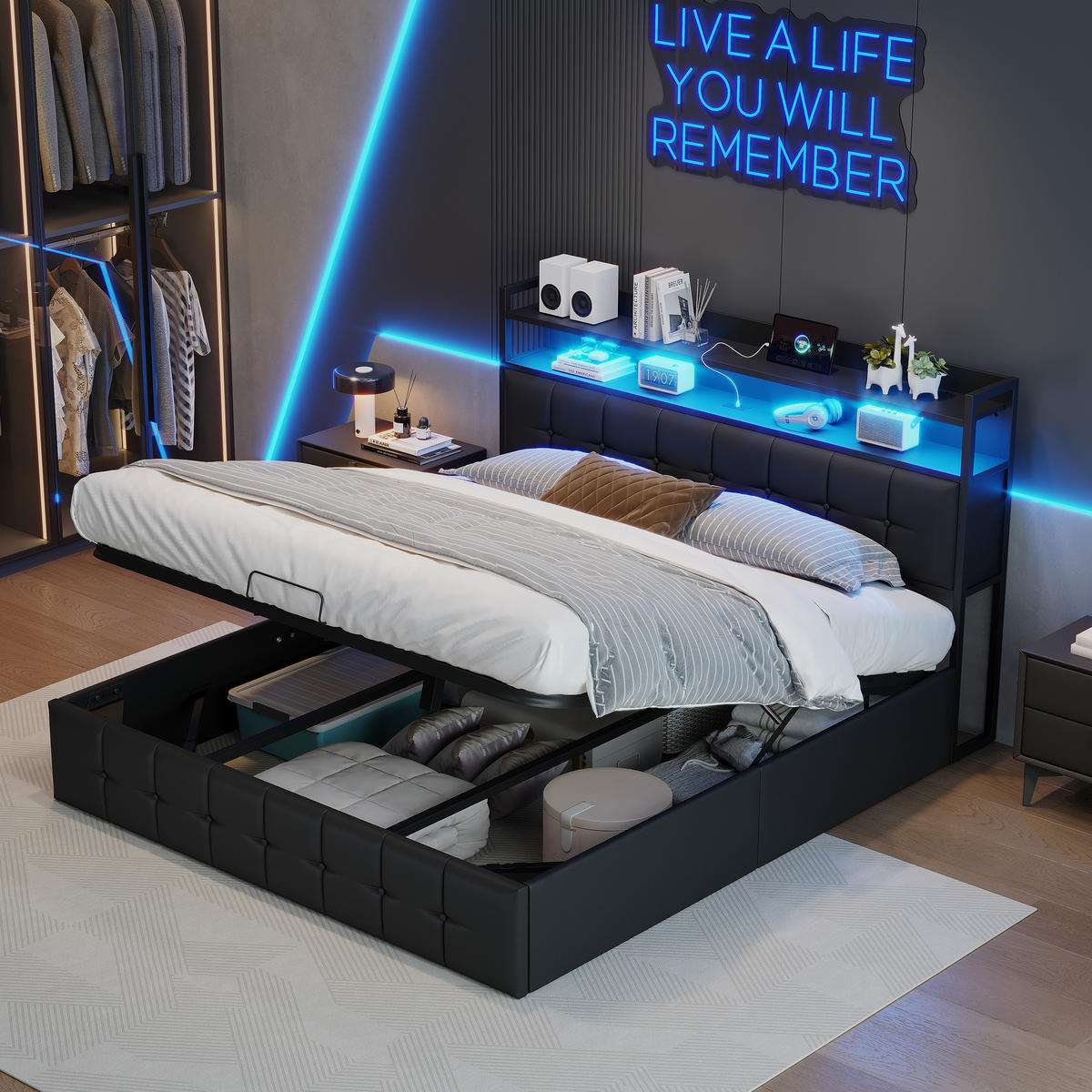 POLSTERBETT 140x190 cm, Stauraumbett mit LED, Schwarzes Kunstleder - Schwarz, Metall (140/190cm)