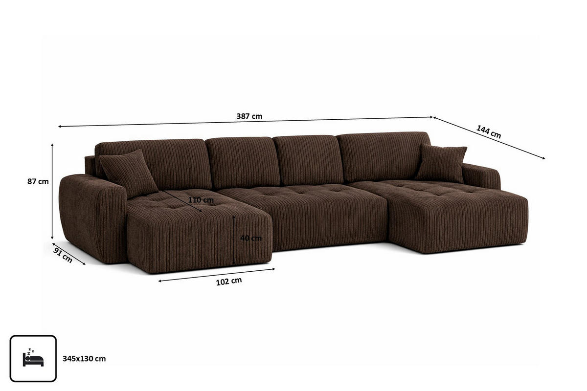 ECKSOFA Mit Schlaffunktion Und Bettkasten U-Form Ivo U XL, Cordstoff Poso, Braun - Braun, Holz (387/144cm) - Kaiser Möbel