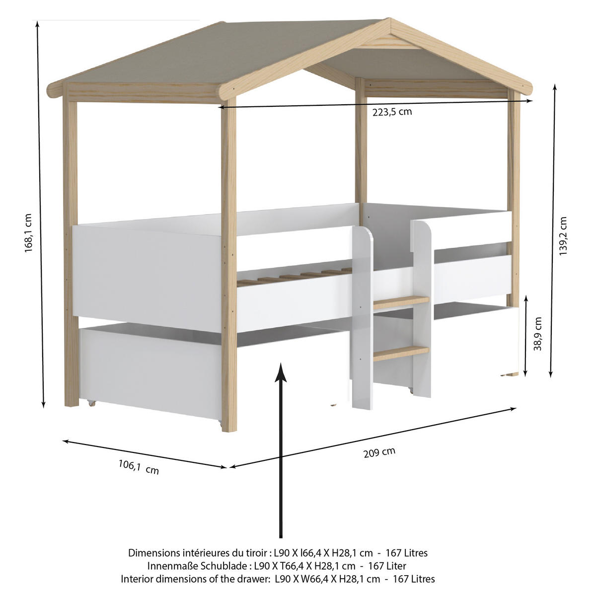 HAUSBETT PILOTI MIT LATTENROST / Kinderbett 90x190 - Weiß und Naturholz - Weiß, Holz (90/190cm) - Weber Industries