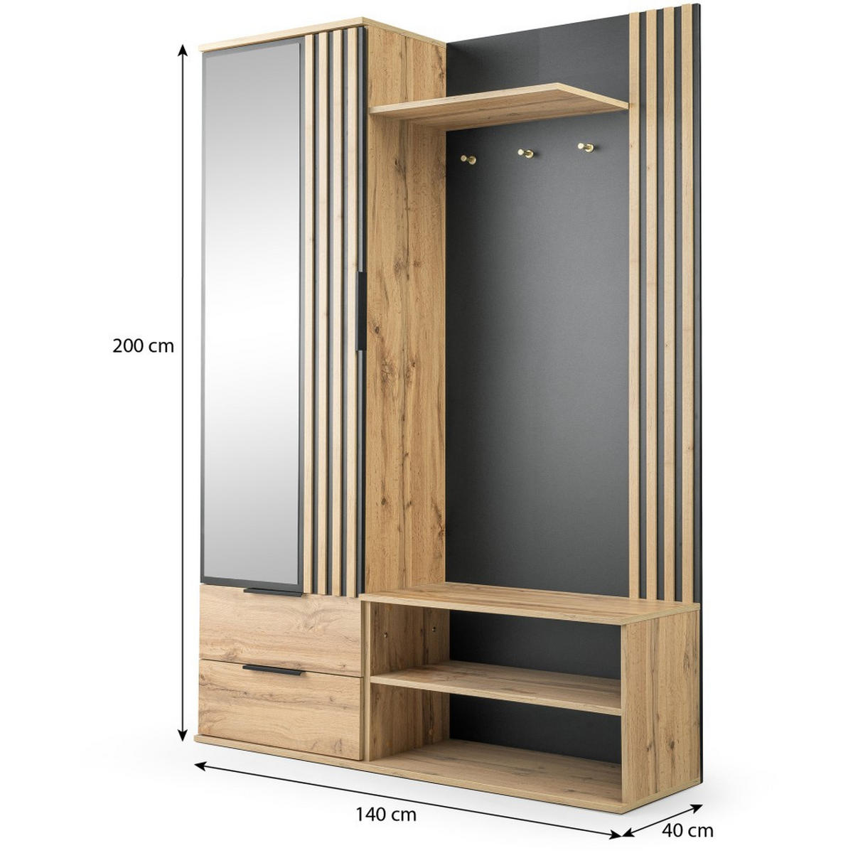 GARDEROBENSCHRANK Luno mit Spiegel und 2 Schubladen, eiche Wotan - Eiche Wotan/Schwarz, Holzwerkstoff (140/200/40cm) - Beautysofa