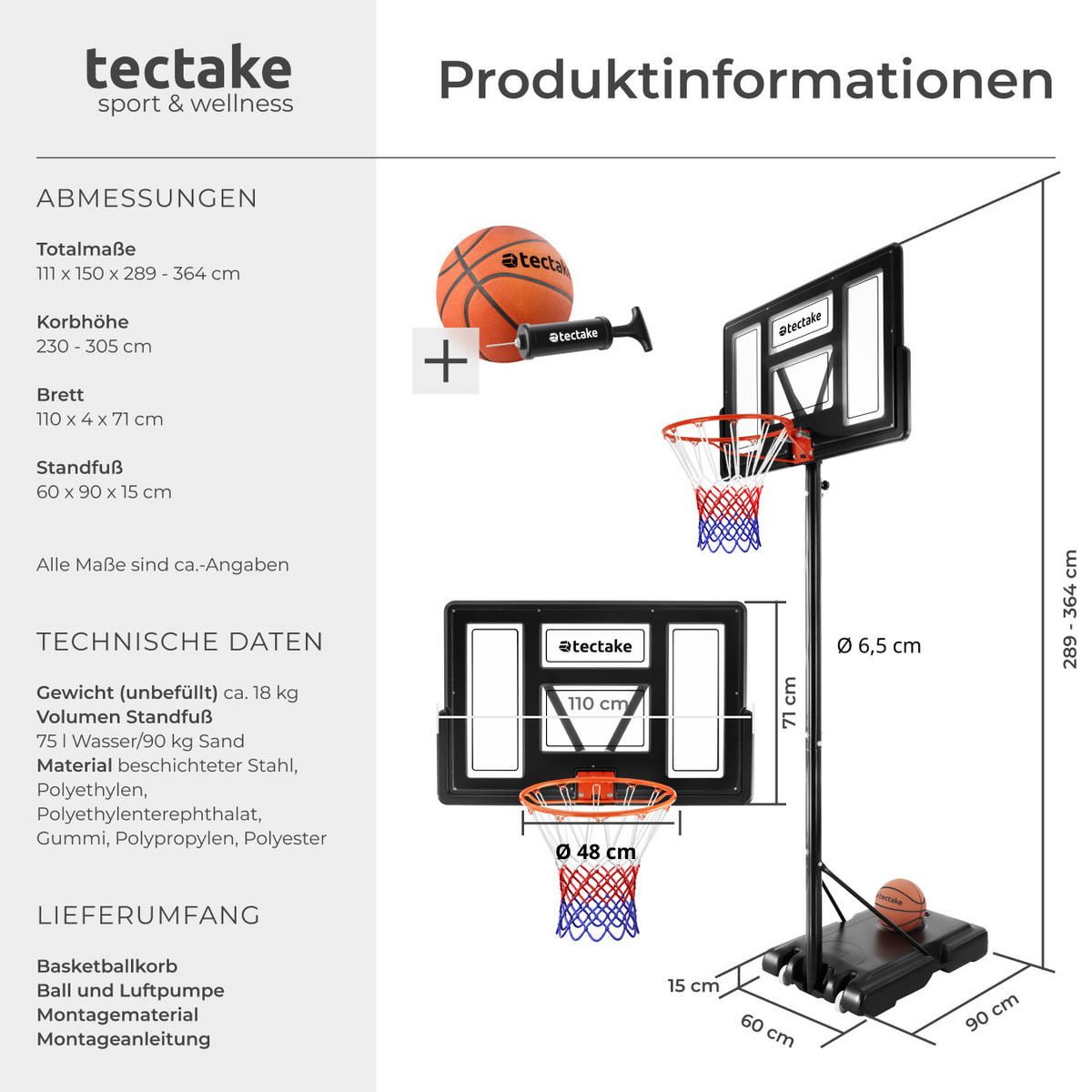 BASKETBALLKORB Dirk,mit Rollen, inklusive Ball und Pumpe,schwarz - Schwarz, Textil (111/150cm) - tectake