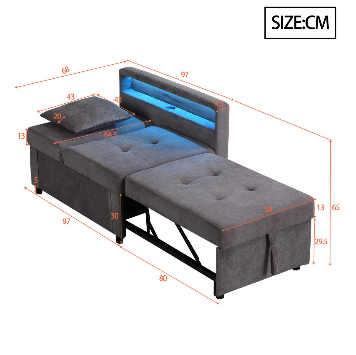 ROZKLADACIA pohovka s ľanovým poťahom, 177/68/65 cm tmavosivá, 3 v 1 s LED a USB - tmavosivá, koža (177/65/68cm) - BEAOK
