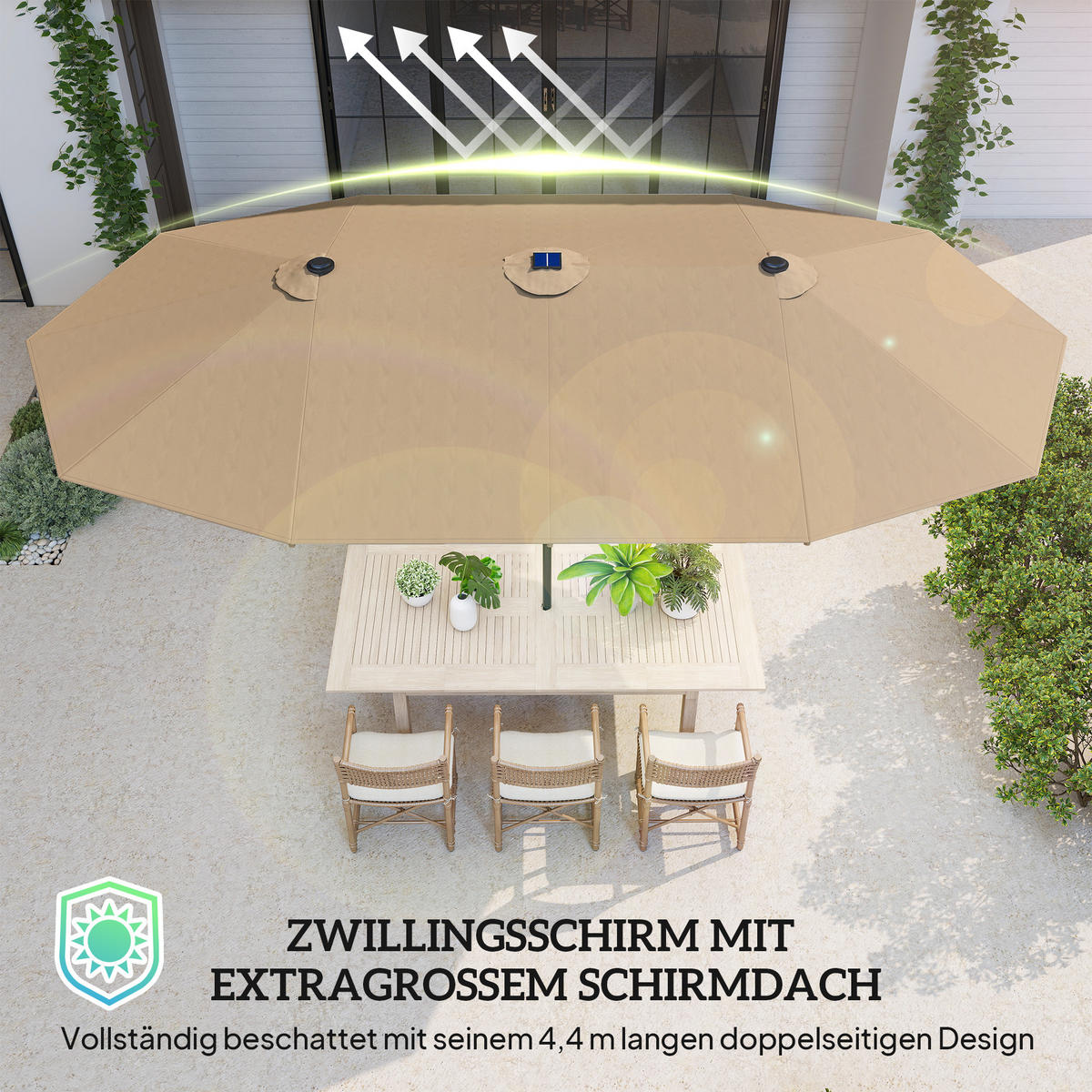 SONNENSCHIRM mit LED Doppelsonnenschirm 443 x 260 cm Gartenschirm Oval Khaki - Braun, Kunststoff/Metall (443/260cm) - Outsunny