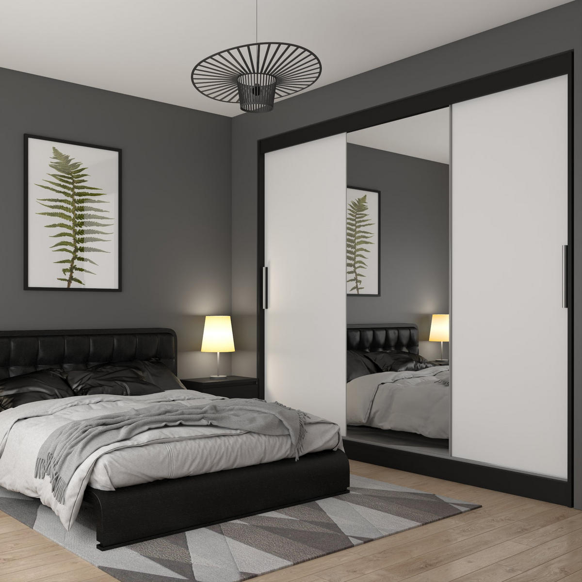 SCHWEBETÜRENSCHRANK Verona ME, Schwarz/Weiß Matt, 232 cm, mit Spiegel - Weiß, Holz (232/216/60cm) - B BELINI GROUP