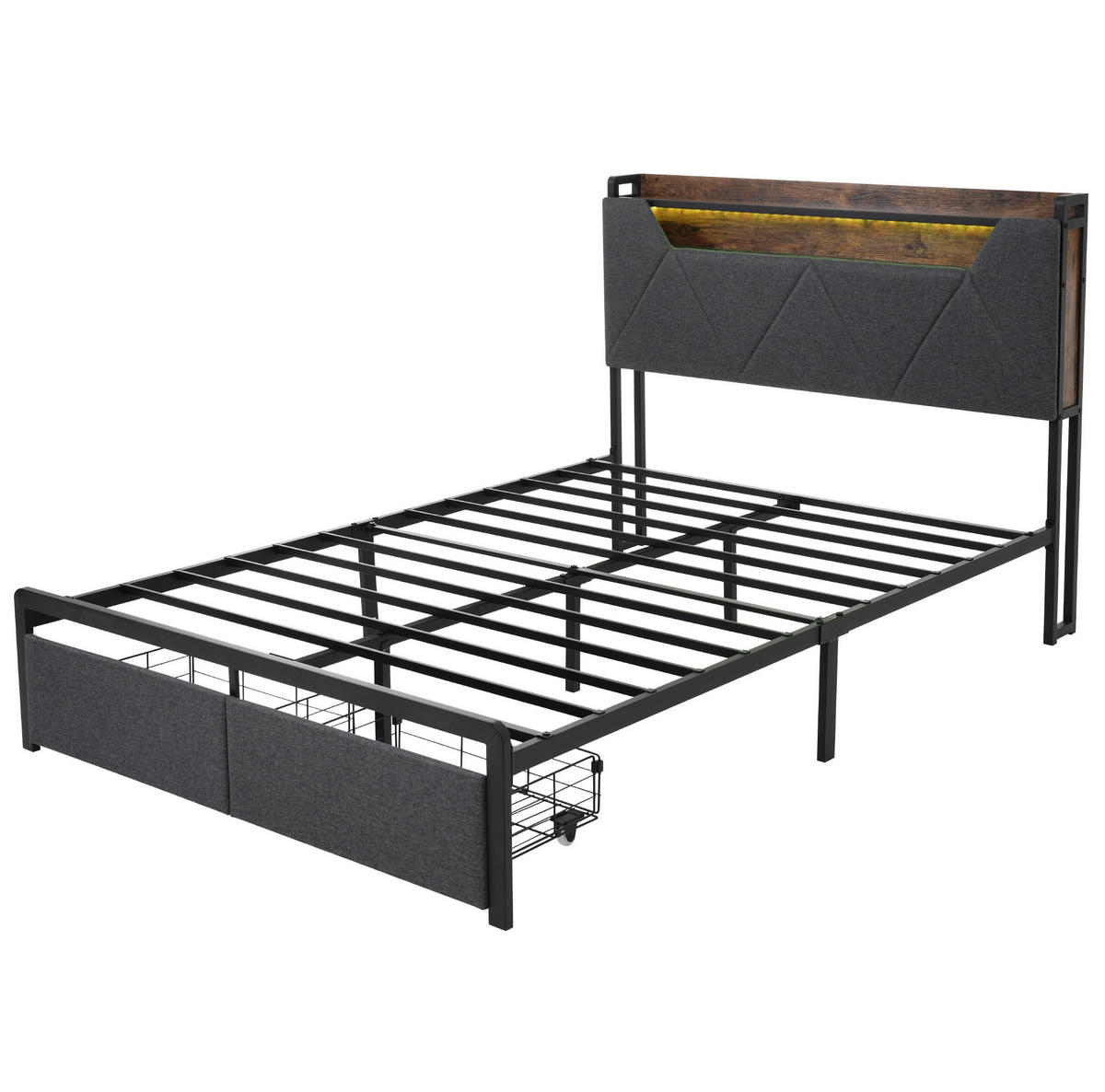 POLSTERBETT aus Leinen 160x200 cm Grau mit LED-Beleuchtung, USB-Anschlüssen und Stauraum - Grau, Textil (160/200cm) - IVMEU