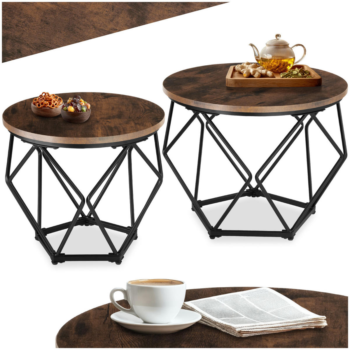 COUCHTISCH 2er Set Benham, mit höhenverstellbaren Kunststofffüßen, Industrial Holz dunkel, rustikal - Rostfarben, Holzwerkstoff (50/50/40cm) - tectake