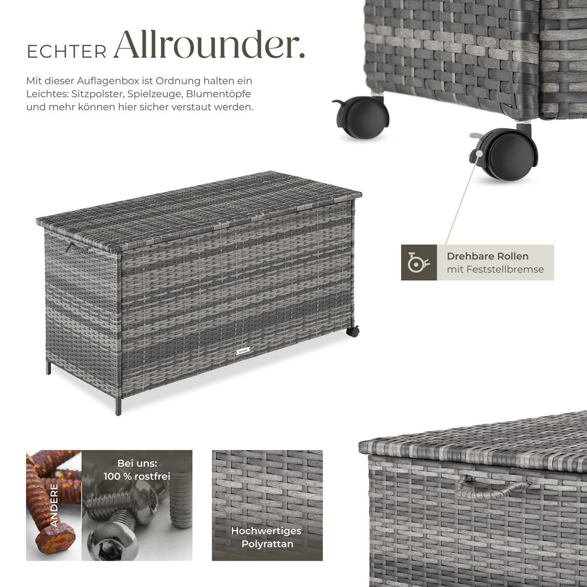 AUFLAGENBOX Kuusamo, 116 x 54 x 64 cm, grau - Grau, Kunststoff (54/64/116cm) - tectake