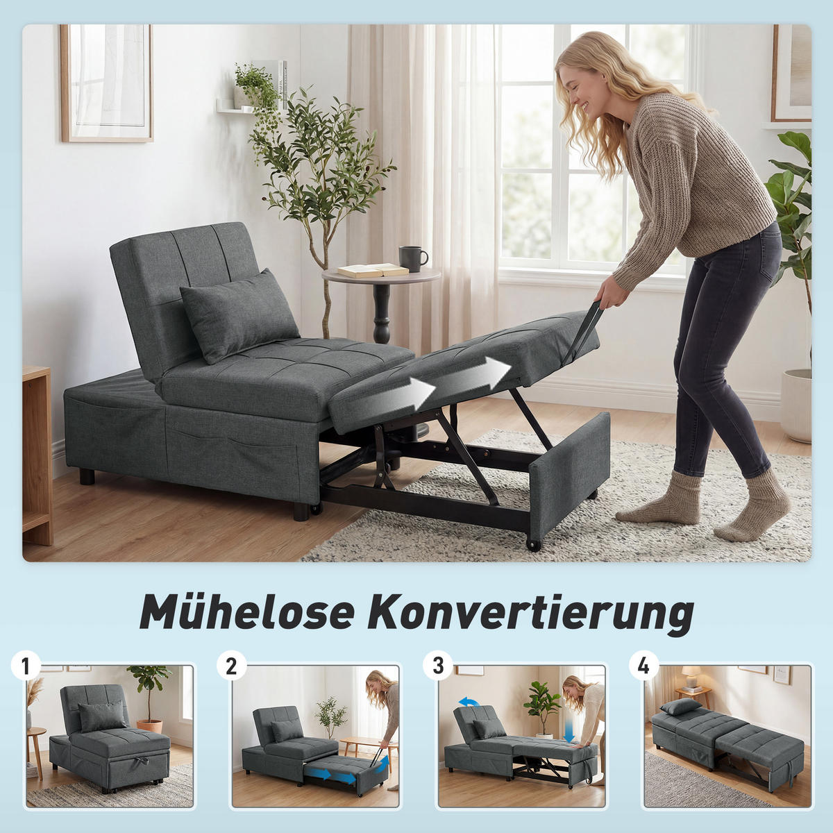 SCHLAFSOFA 4-in-1 DE-08249 multifunktional, verstellbare Rückenlehne Grau - Grau, Holzwerkstoff (181/43/65.5cm) - ComfortXL
