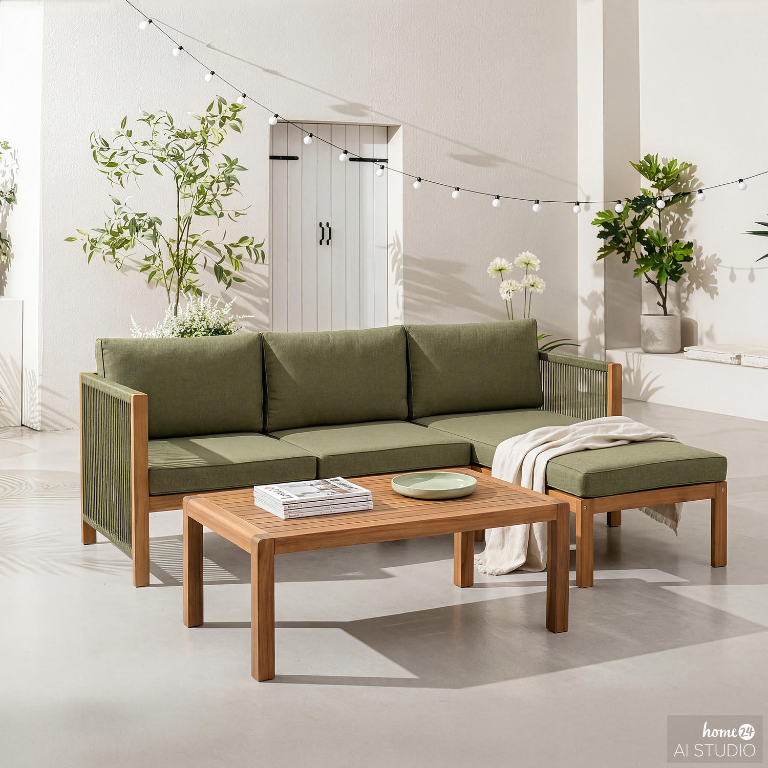 LOUNGESET - 3-teilig - Akazie massiv / Polyester - Olivgrün, Holz/Textil - home24