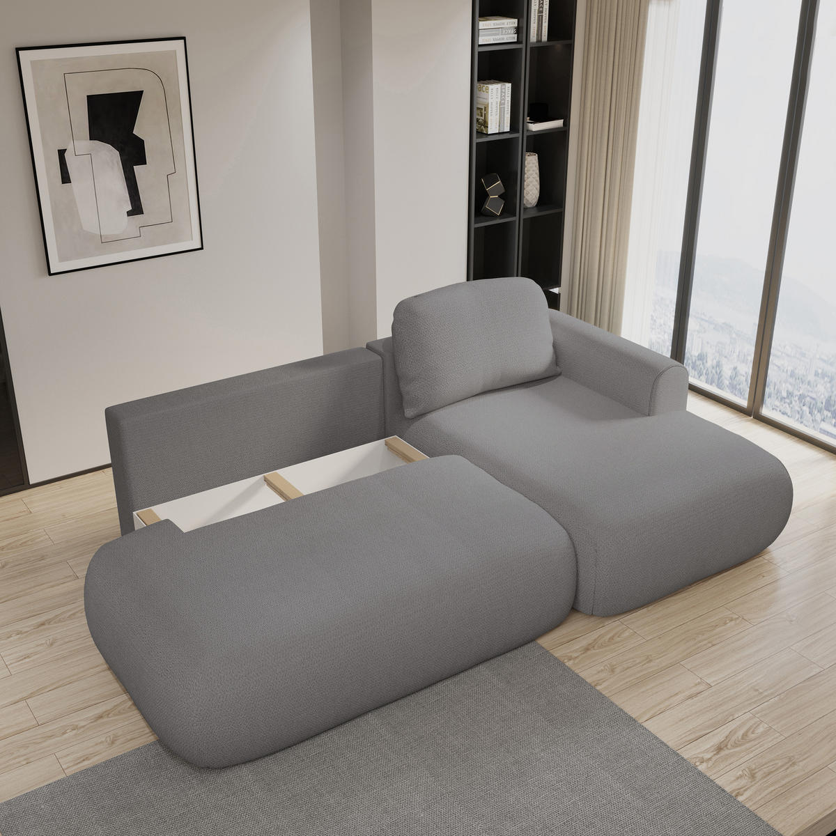 ECKSOFA NUVIRA R-S Rosa Geflochtener Stoff mit Schlaffunktion - Rosa, Holz (274/165cm) - MASSENO
