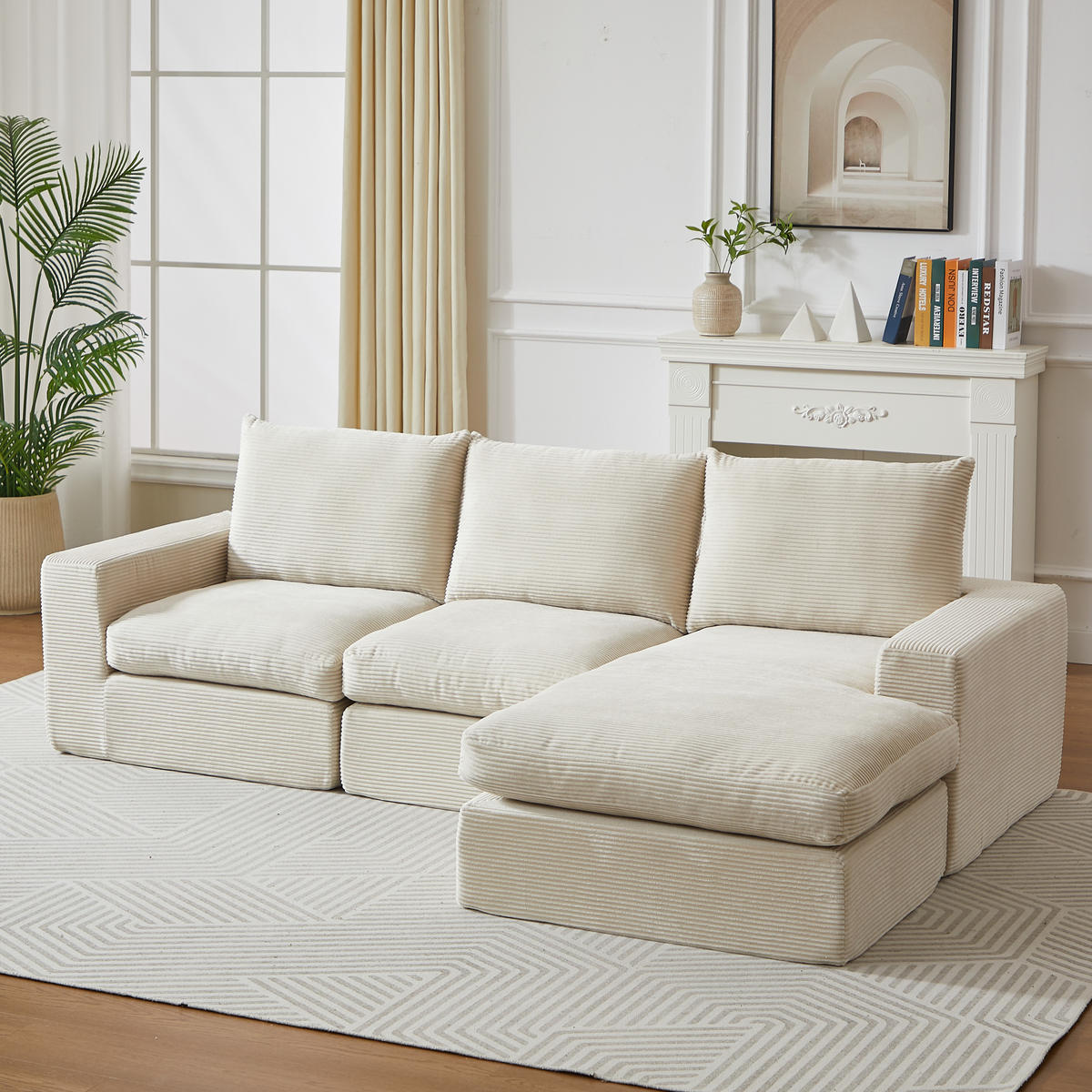 ECKSOFA 251/160/81 cm beige aus Cord mit Chaiselongue, 4 Modulen und 3 Kissen - Beige, Textil (160/251cm) - OKWISH