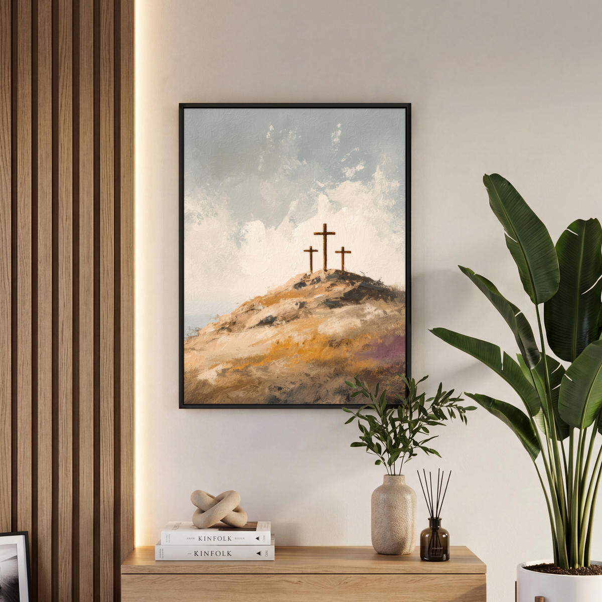 LEINWAND Bilder mit Rahmen - Hügel - Abstrakt - Christentum - Kreuz - 60x80 - Hellgrau, Textil (60/80cm) - MuchoWow
