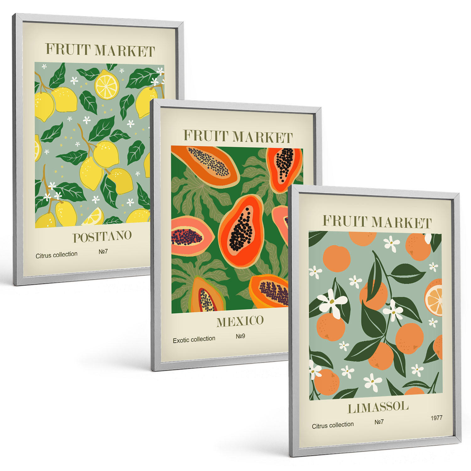 BILDER SET 3er Set - 40x60 cm Silberner Rahmen - Fruchtposter Zitronen Papayas - Silberfarben, Kunststoff (40/60cm) - TULUP