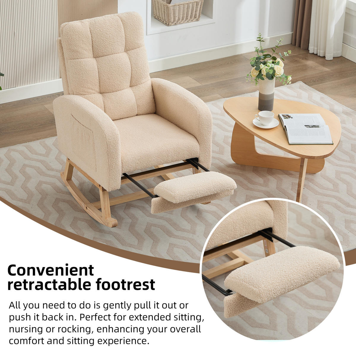 SCHAUKELSTUHL Beige Bouclé mit versteckten Beinstützen - Beige, Textil (50/99/132cm) - Oxeza