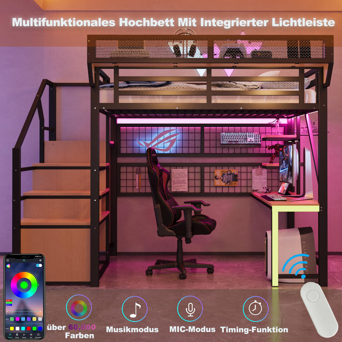 HOCHBETT 140/200 cm in Schwarz mit LED, Steckdose, Schreibtisch, Regal und Sicherheitsleiter - Schwarz/Naturfarben, Holzwerkstoff/Metall (140/200cm) - CHICFURN