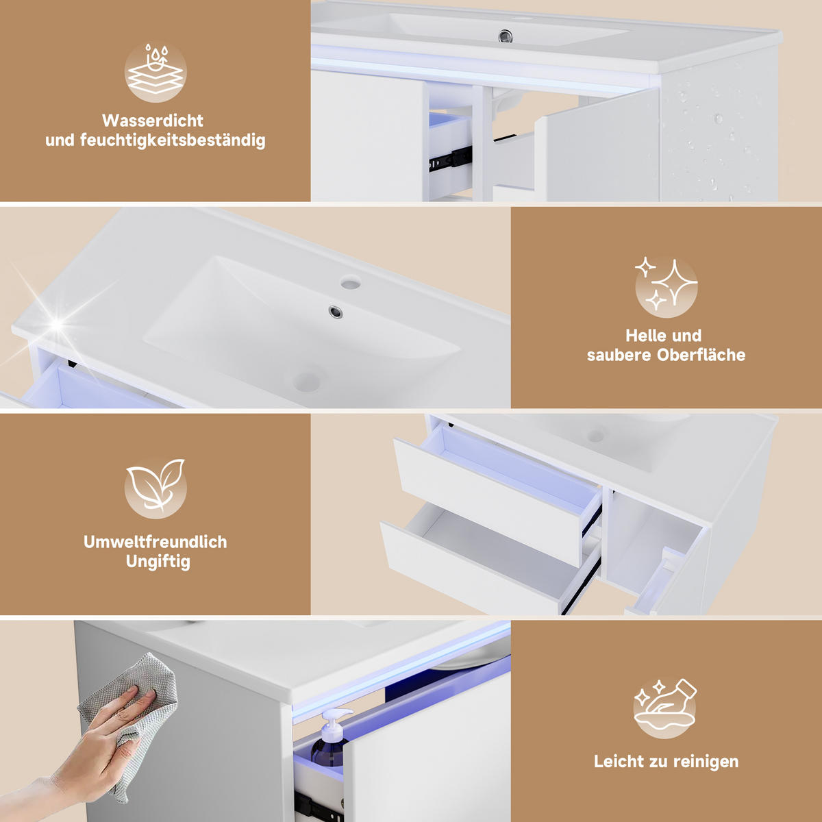 WASCHTISCHUNTERSCHRANK 91,5×46,5×50,5 cm, weiß, wandhängend, lackiert, mit LED-Radarsensor, 2 Schubladen, Türfach, leisen Schienen, Keramikbecken - Weiß, Holzwerkstoff (46.5/50.5/91cm) - Ej. Life