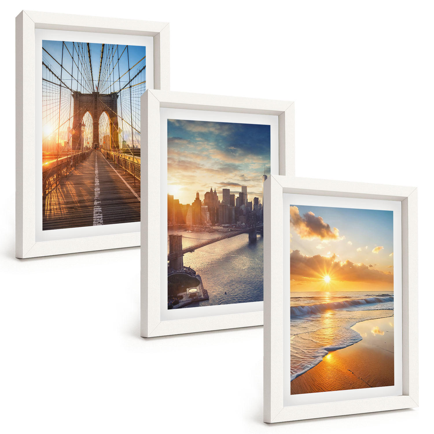 BILDER SET 3er Set - 20x30 cm Weißer Rahmen - Brücken, Sonnenuntergänge, Stadt - Weiß, Kunststoff (20/30cm) - TULUP
