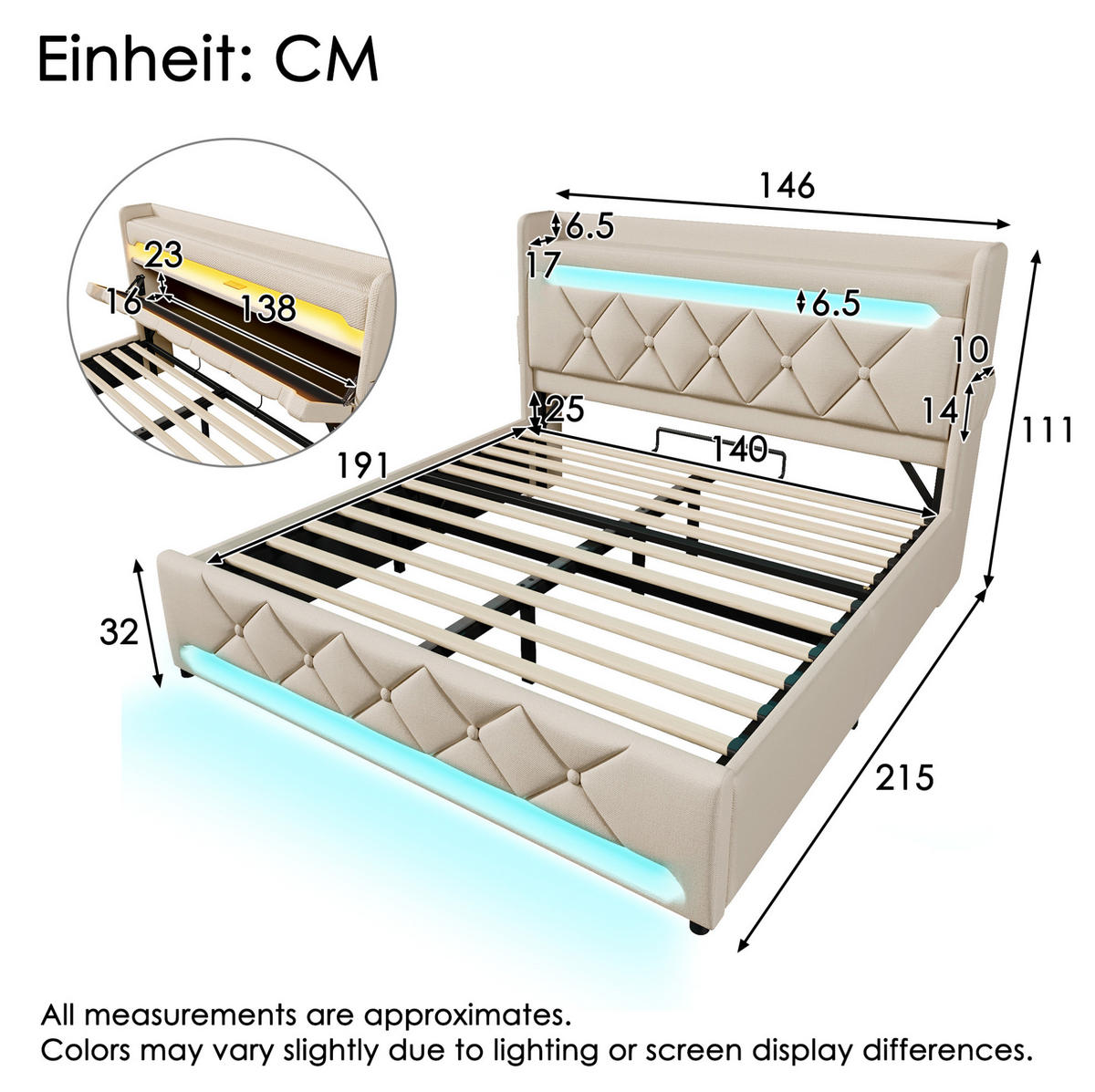 POLSTERBETT mit Stauraum und LED 140x190 cm Beige - Beige, Metall (140/190cm) - Meubliv