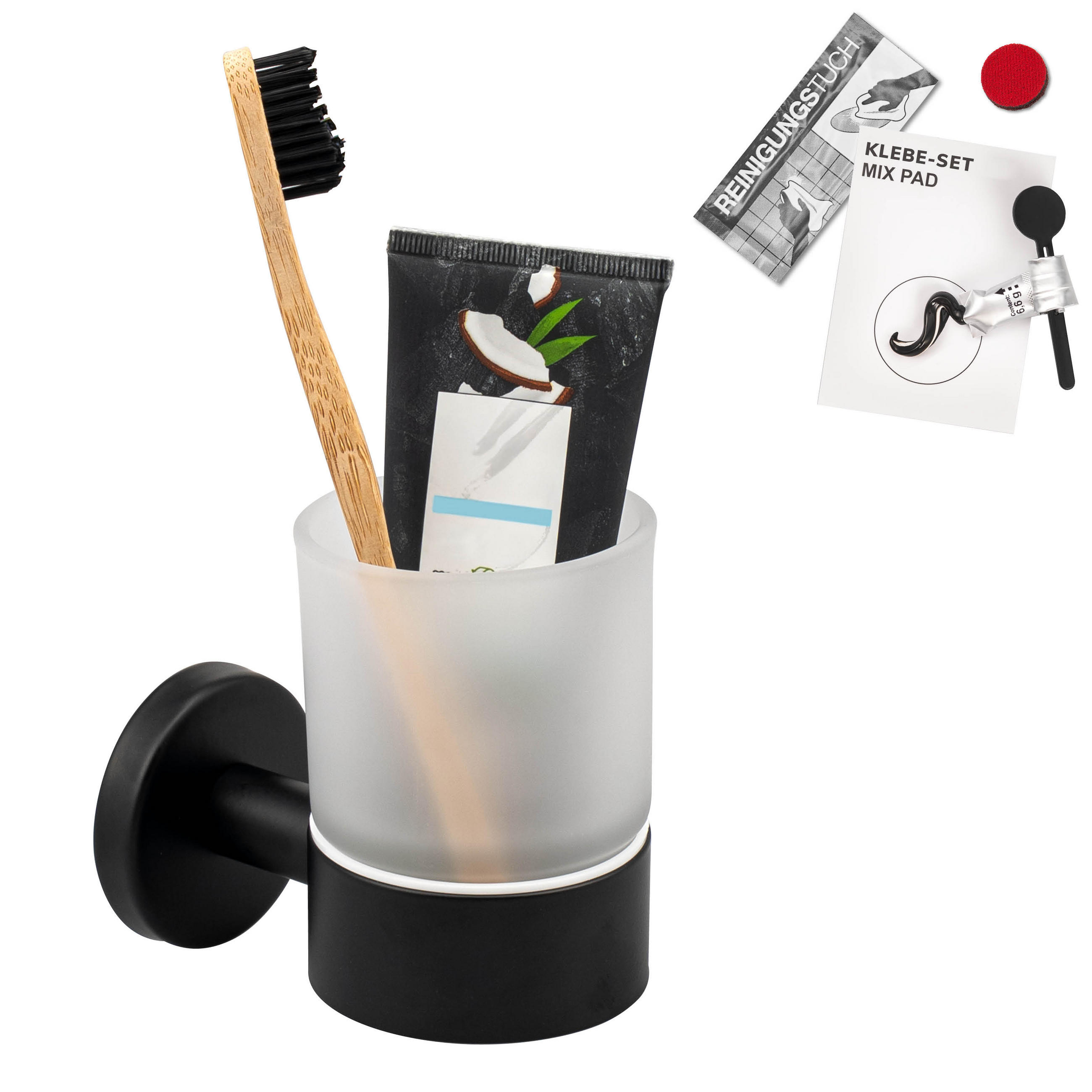 GLASBECHERHALTER PIAZZA BLACK mit Kleber, Glas und Edelstahl, schwarz - Schwarz, Metall (6.5/9.5/11cm) - bremermann