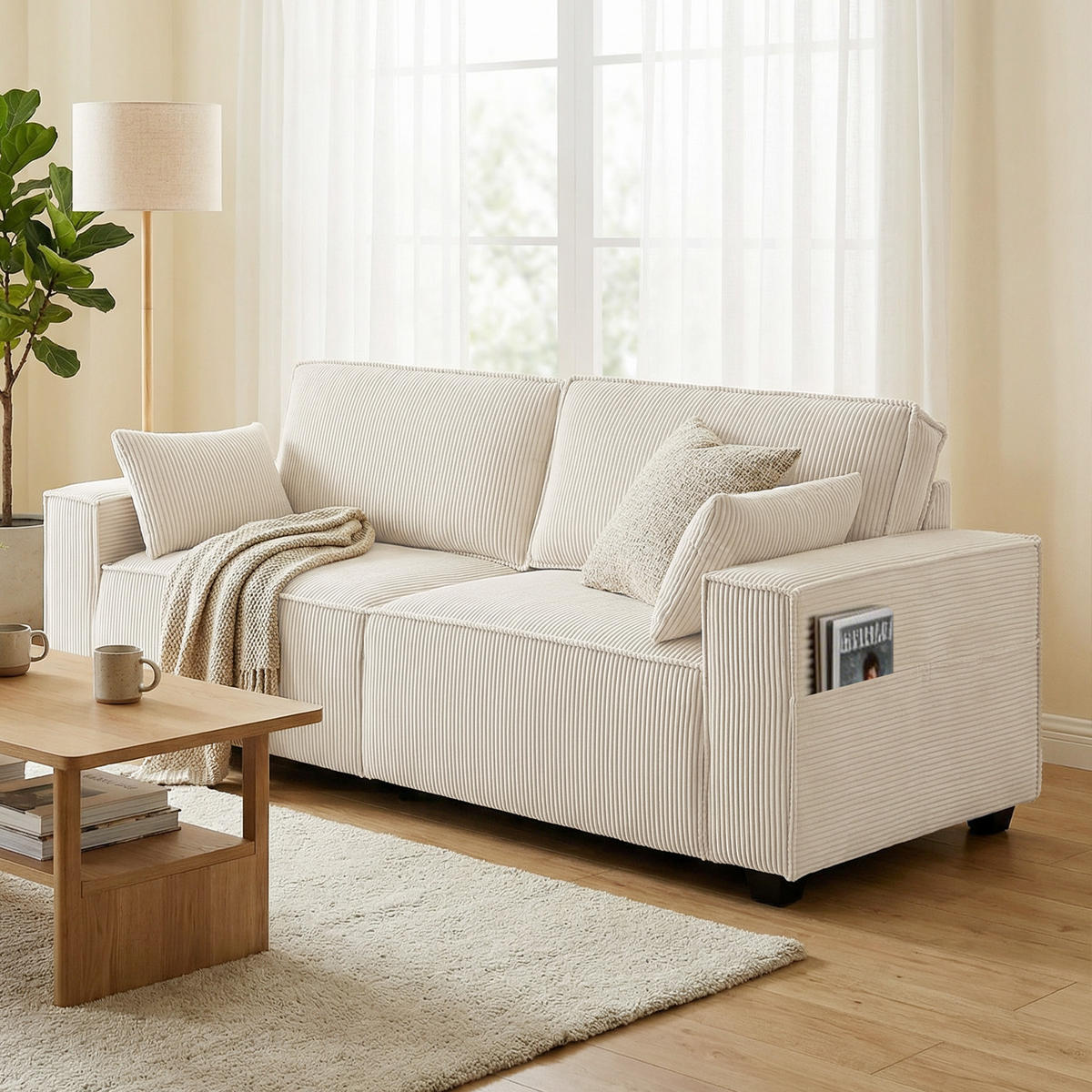 SOFA, 3-Sitzer, Cord, 218cm, Federkernkissen, beige - Multicolor, Holzwerkstoff (218/91/79cm) - FORIOUS
