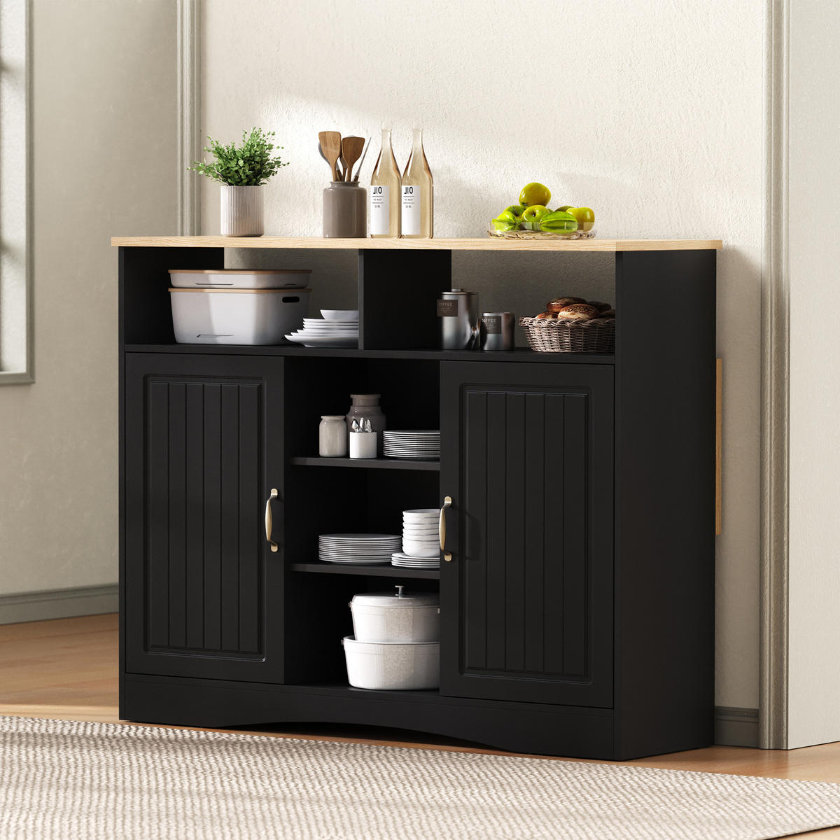 KÜCHENINSEL & Sideboard 110x68x97.5cm Schwarz mit Klappplatte & 2 Hockern - Schwarz, Holzwerkstoff (110/97.5/68cm) - Modfu