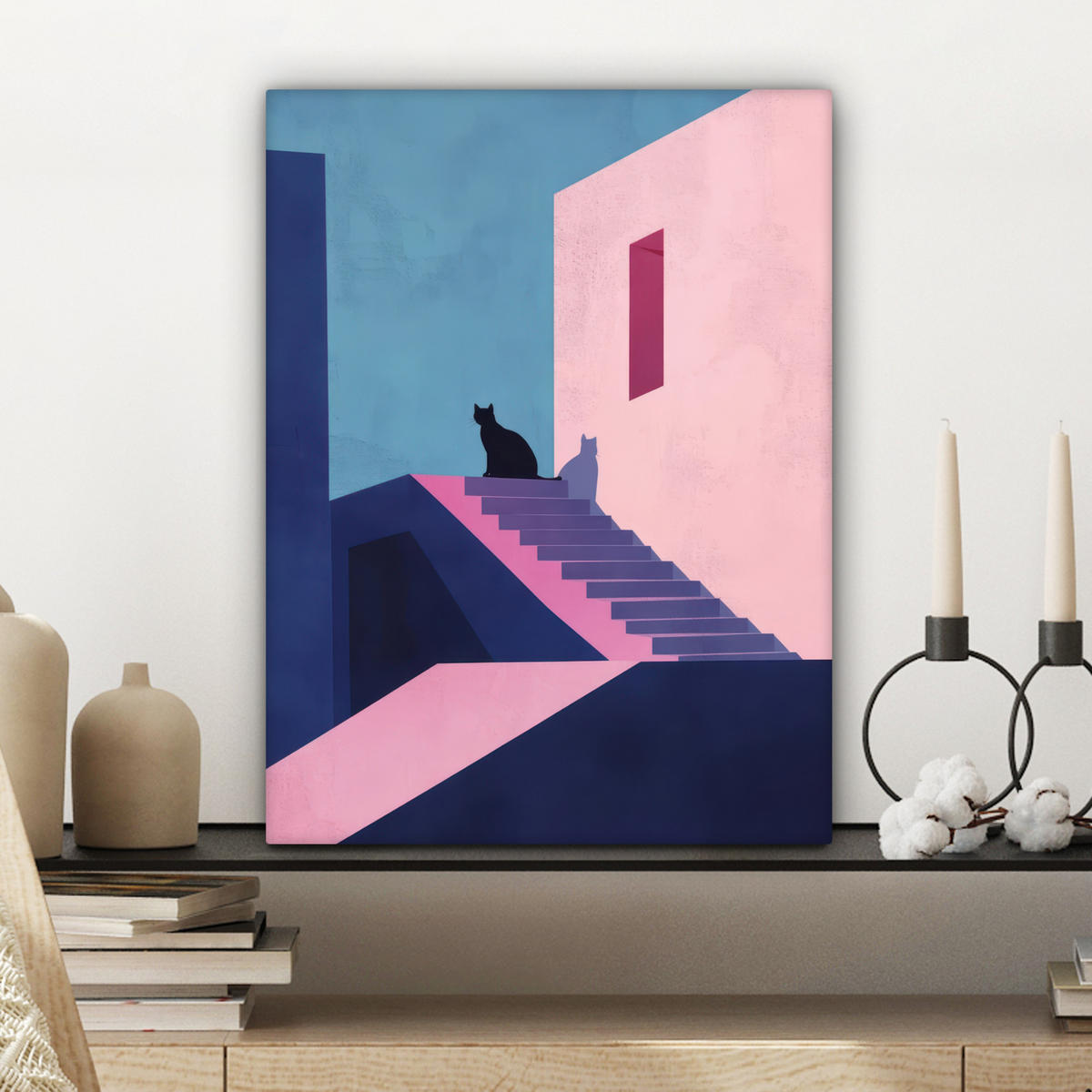 LEINWANDBILD Katze - Treppe - Gebäude - Schattenkontraste Room Decor 30x40 cm - Dunkelblau, Textil (30/40cm) - MuchoWow