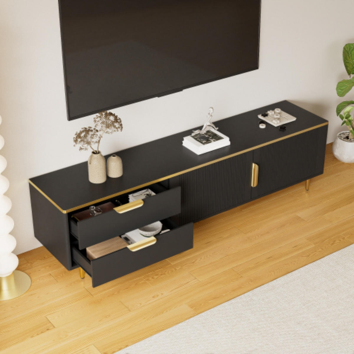 TV-SCHRANK 170/37/45 cm schwarz mit geschnitzter Struktur und goldenen Griffen - Schwarz, Holzwerkstoff (170/45/37cm) - OKWISH